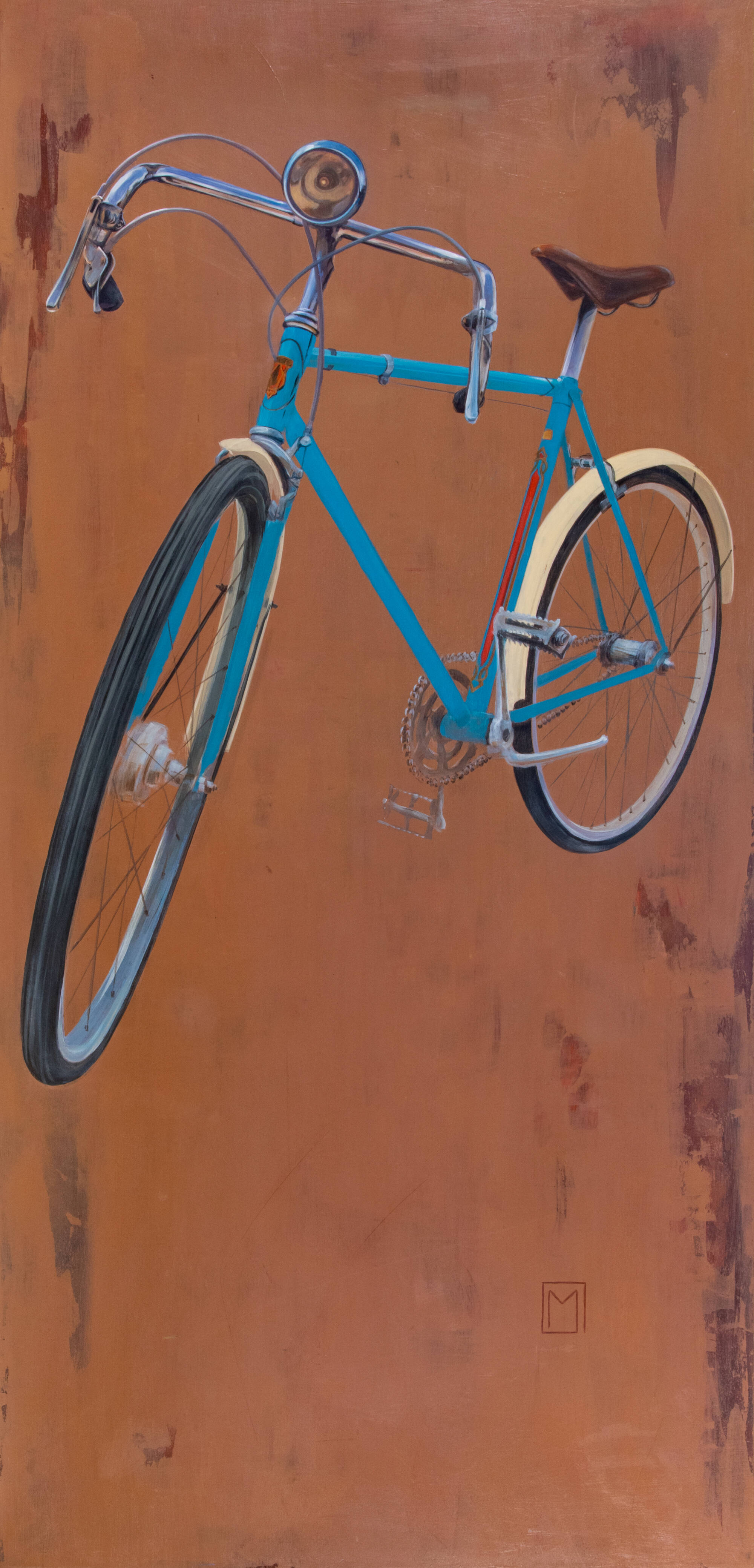 Painting of a blue bicycle against a brown background. Painted on board.